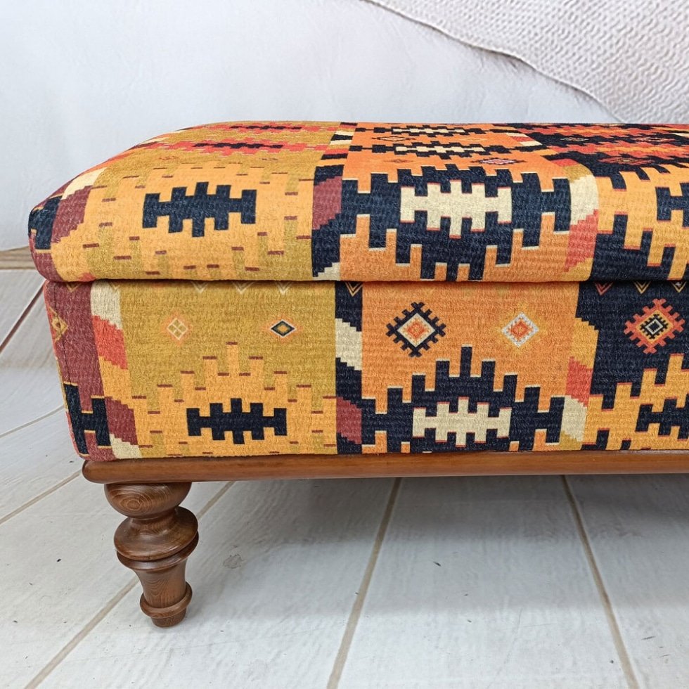 Orange Turkish kilim ottoman coffee table with storage