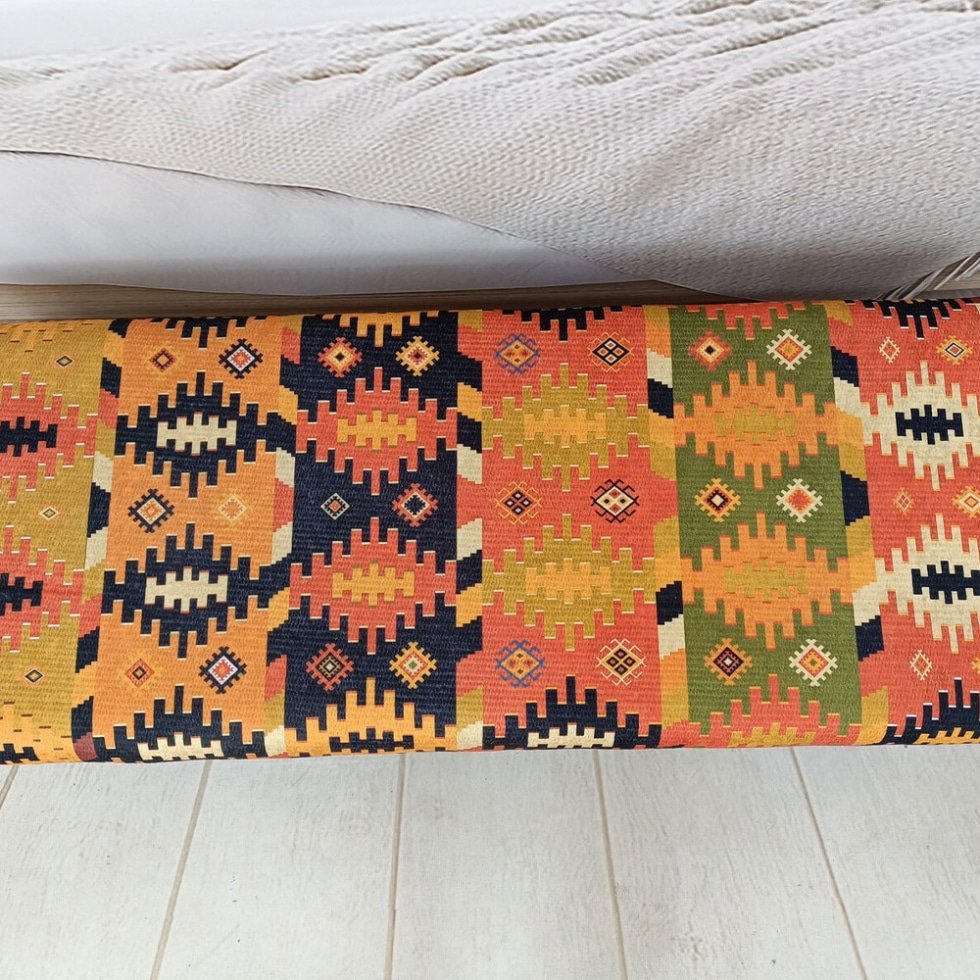 Orange Turkish kilim ottoman coffee table with storage
