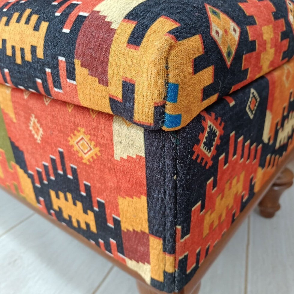 Orange Turkish kilim ottoman coffee table with storage