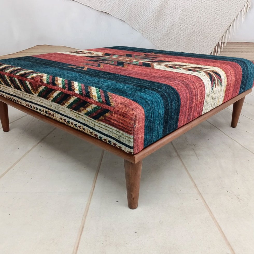 Printed Turkish kilim ottoman coffee table
