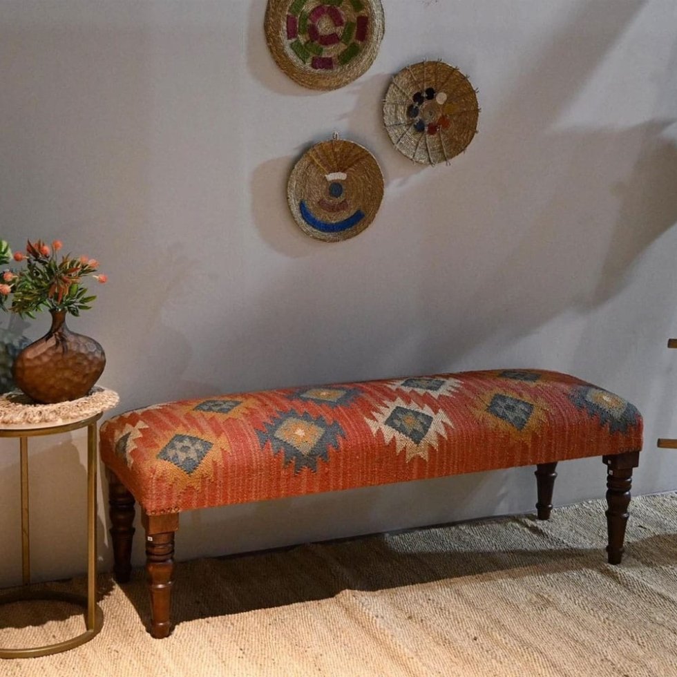 Red navajo wool jute kilim ottoman bench