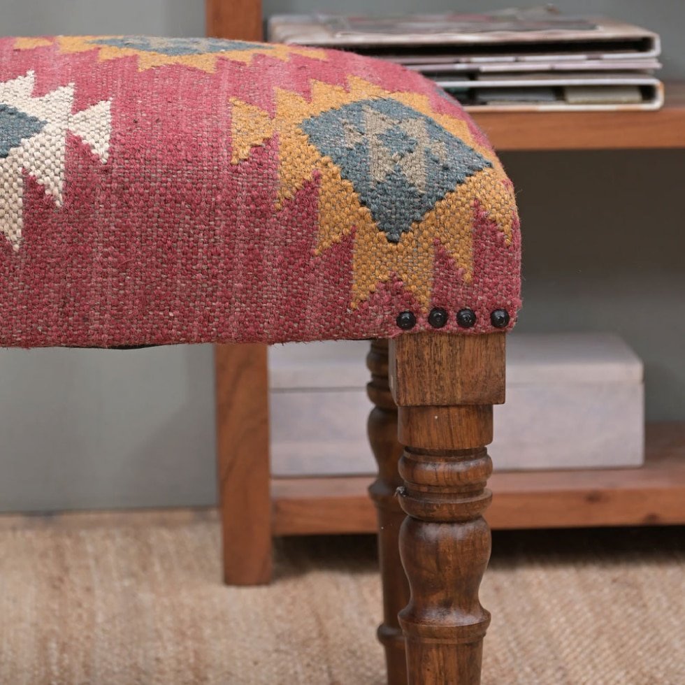 Red navajo wool jute kilim ottoman bench