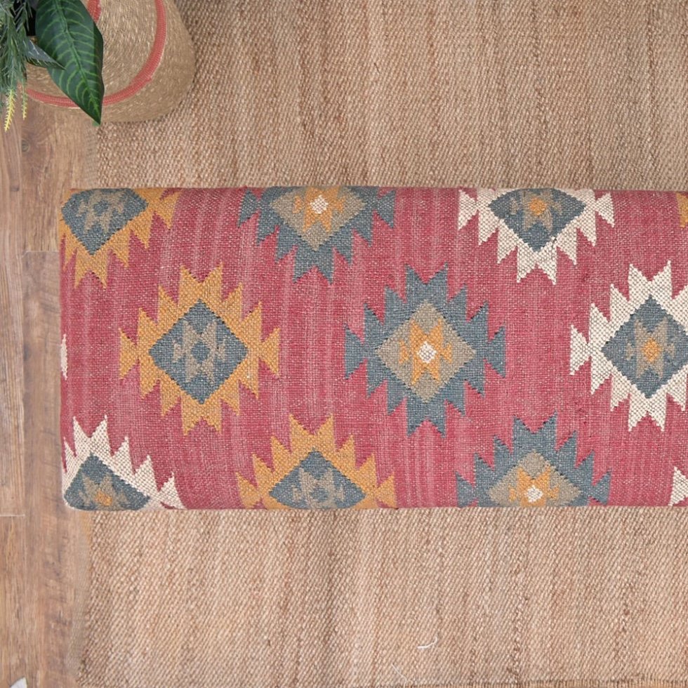 Red navajo wool jute kilim ottoman bench