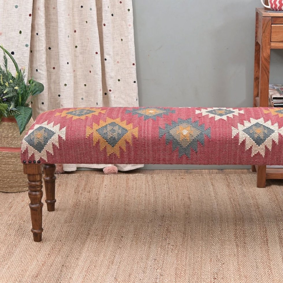 Red navajo wool jute kilim ottoman bench