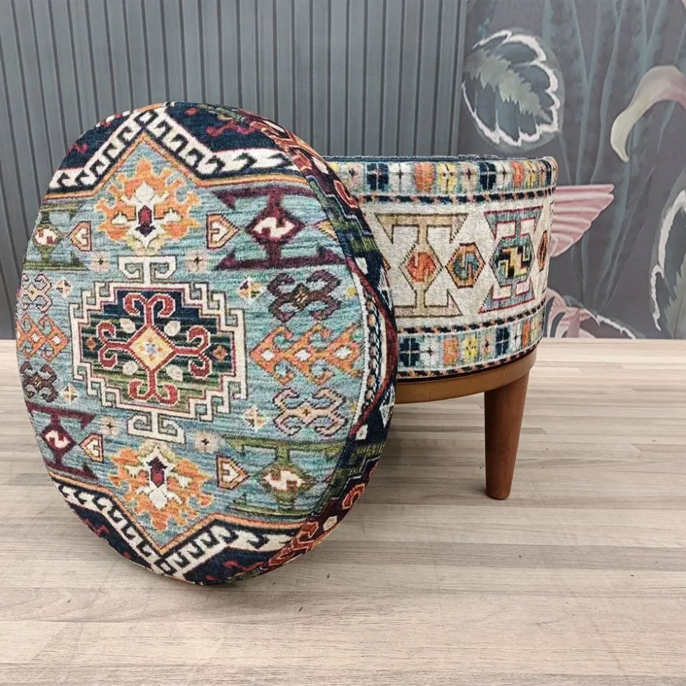 Round Turkish kilim ottoman with storage