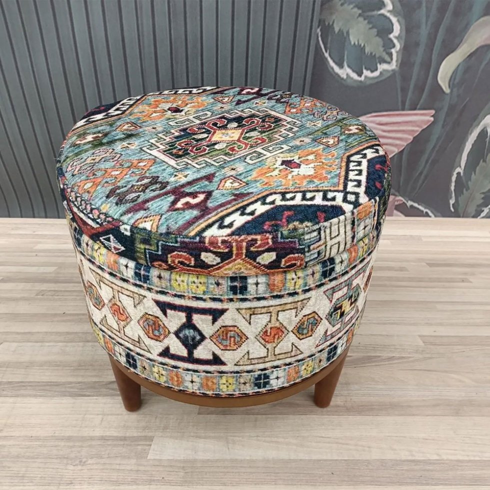 Round Turkish kilim ottoman with storage