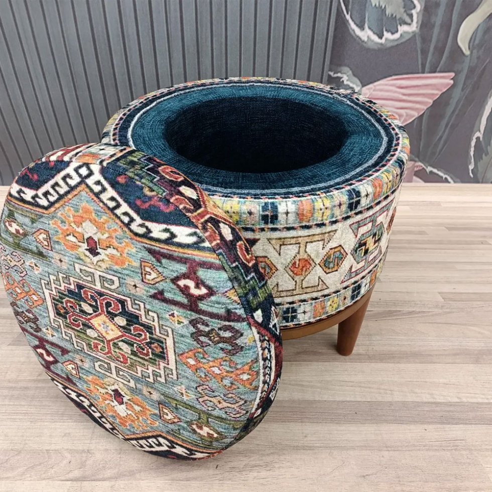 Round Turkish kilim ottoman with storage