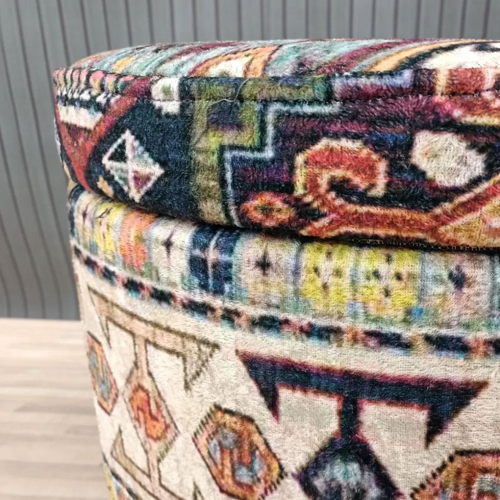 Round Turkish kilim ottoman with storage
