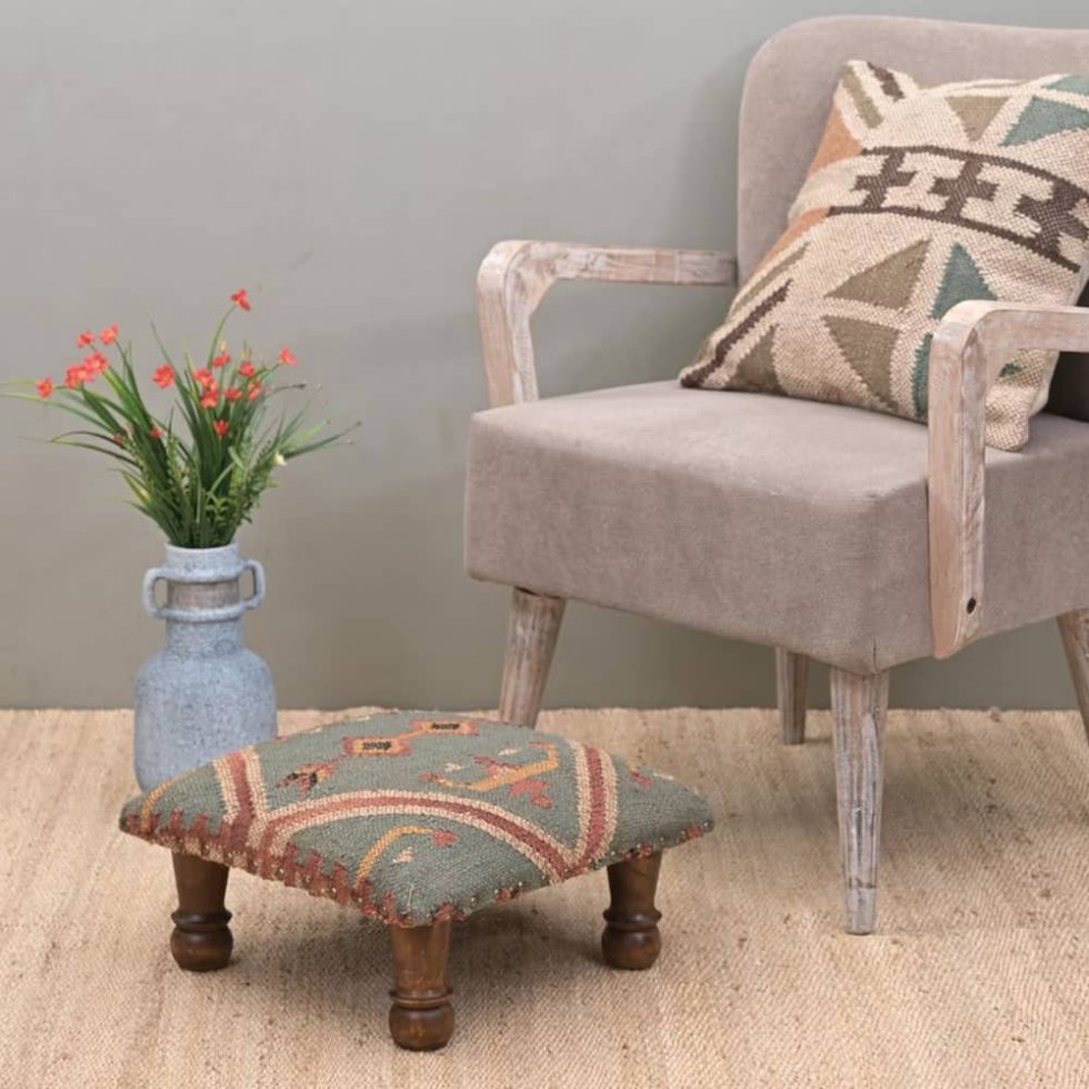 Small green kilim stool ottoman