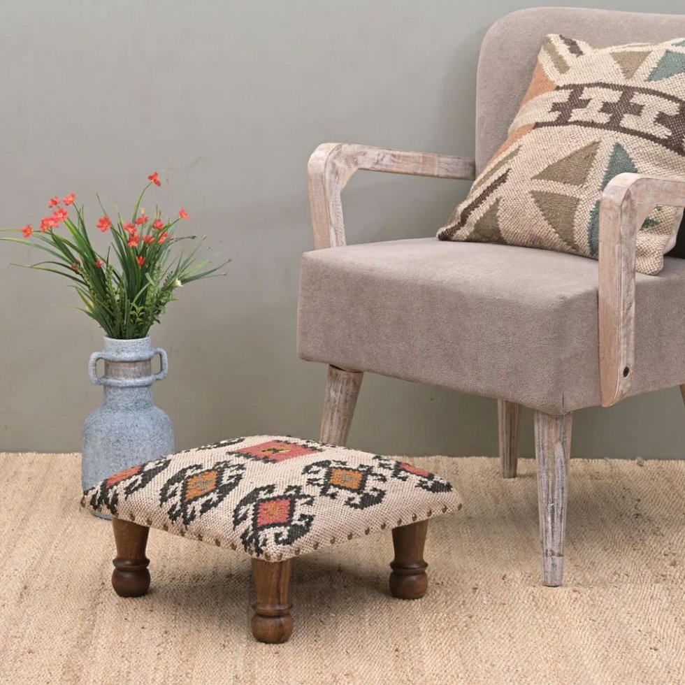 Small navajo white kilim upholstered ottoman