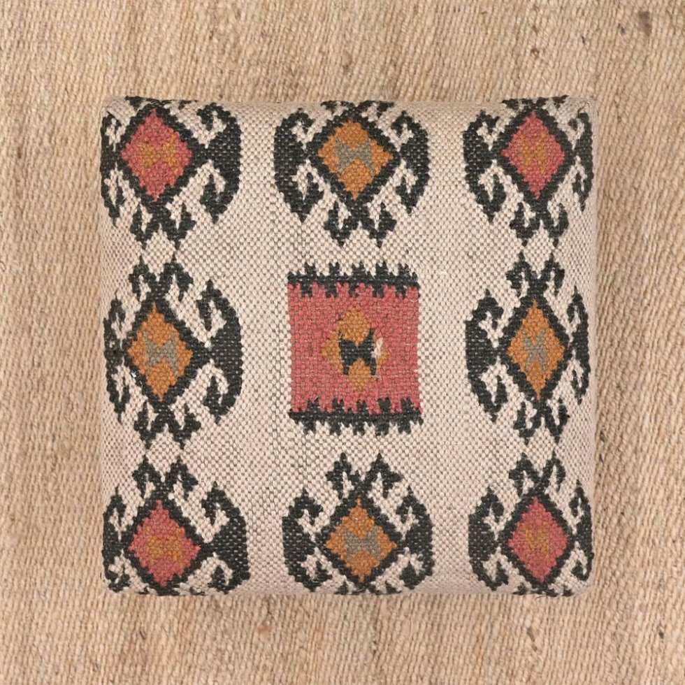 Small navajo white kilim upholstered ottoman