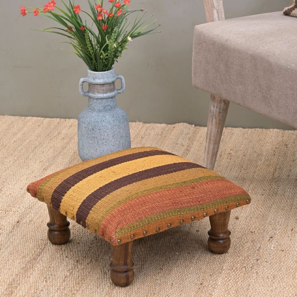 Small striped kilim footstool ottoman