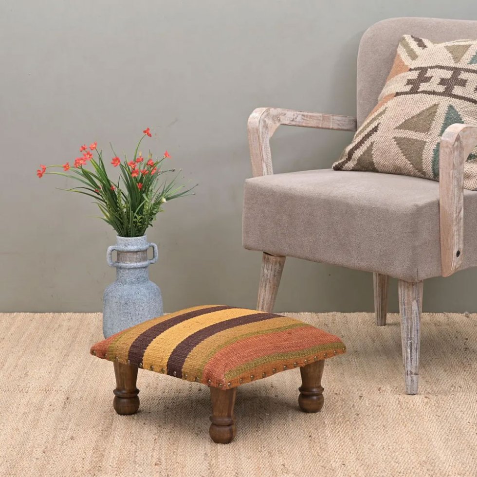 Small striped kilim footstool ottoman