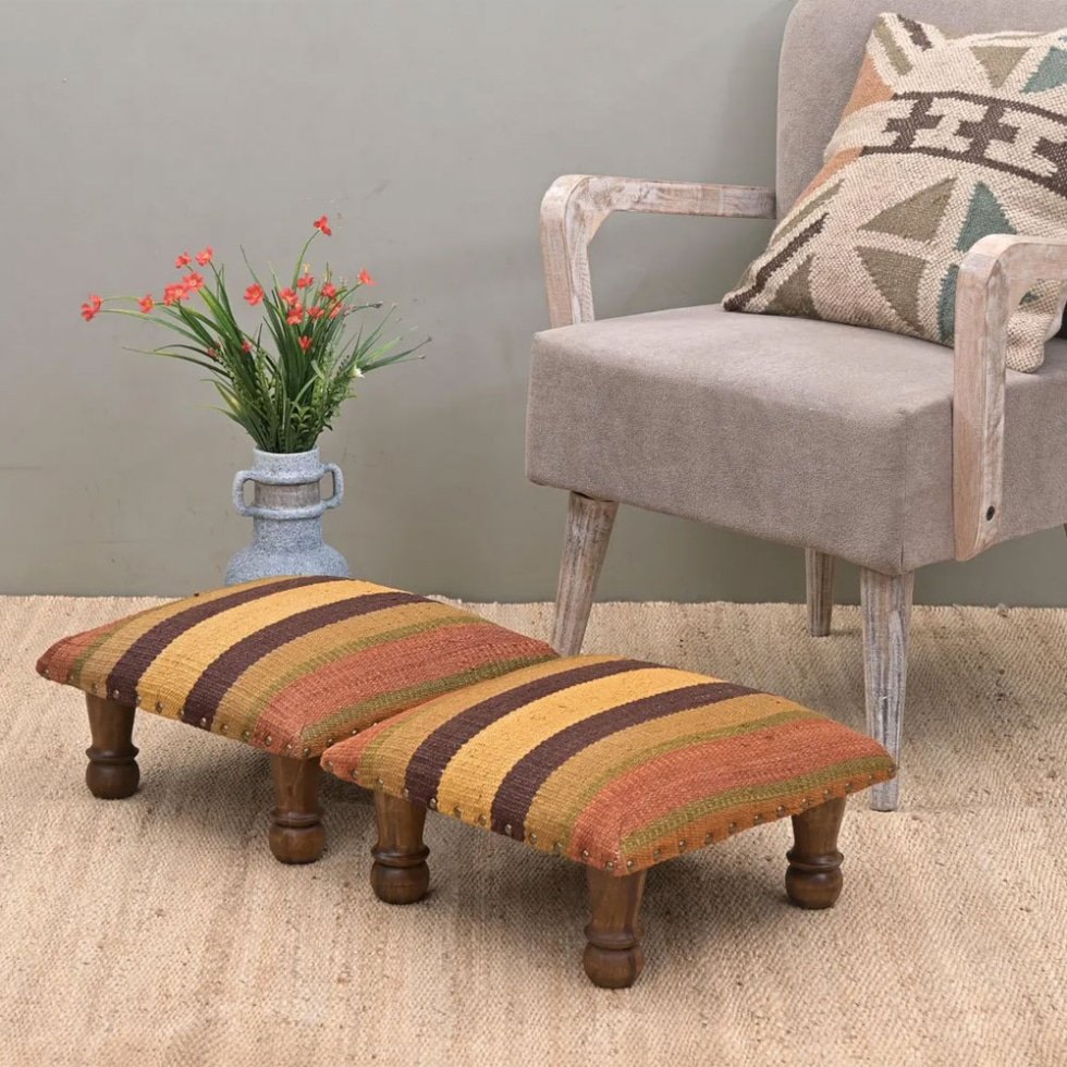 Small striped kilim footstool ottoman