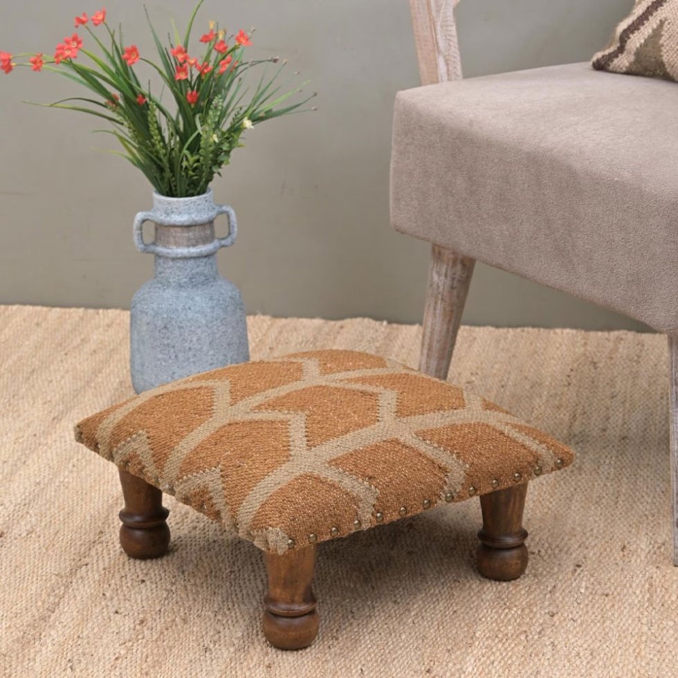 Small yellow kilim footstool ottoman