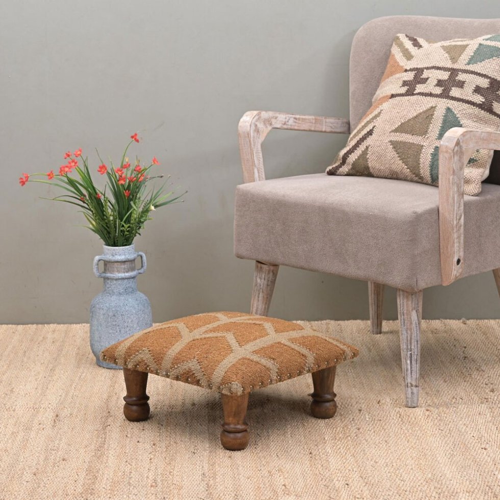 Small yellow kilim footstool ottoman