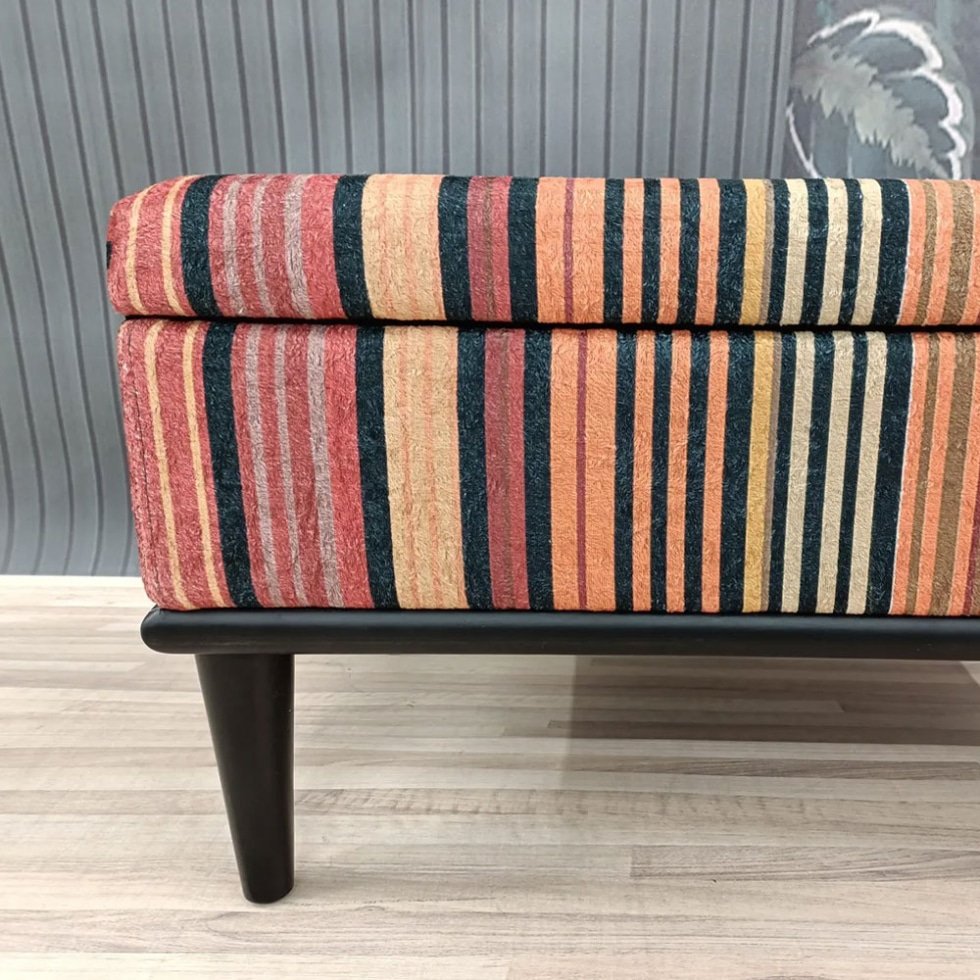 Striped Turkish kilim ottoman coffee table with storage