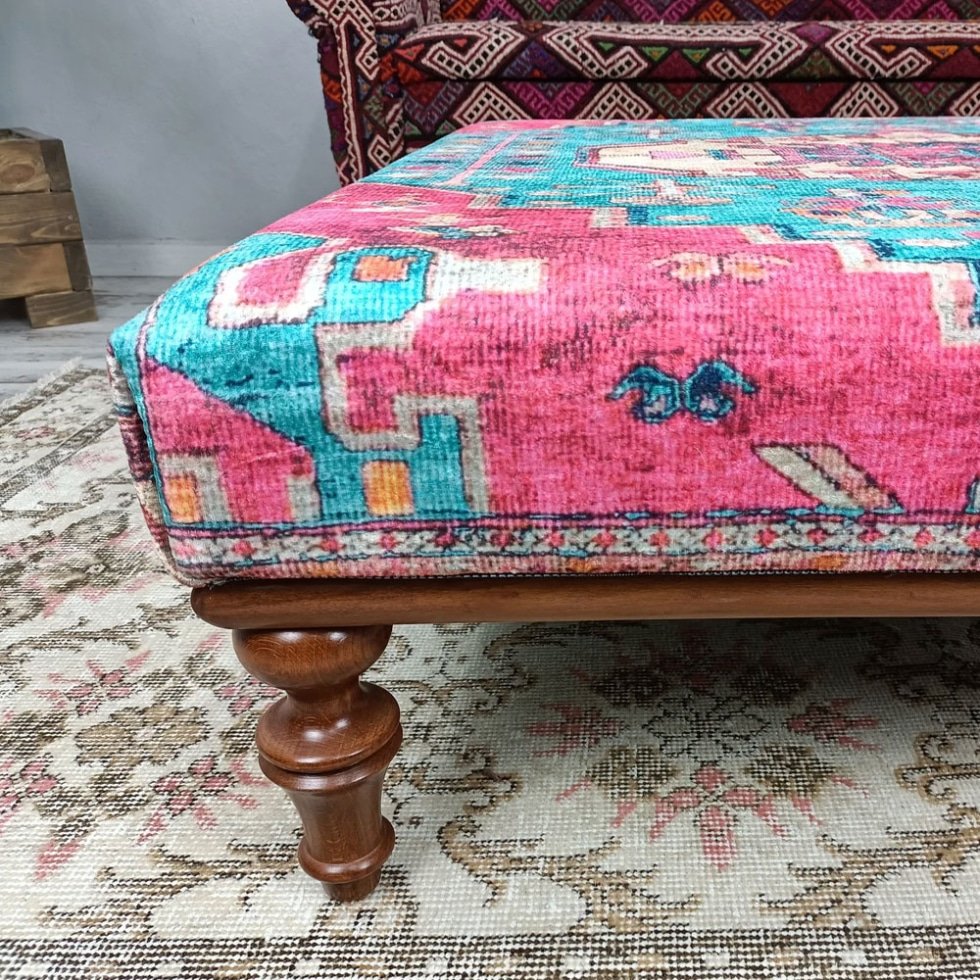Teal and pink Turkish kilim ottoman coffee table