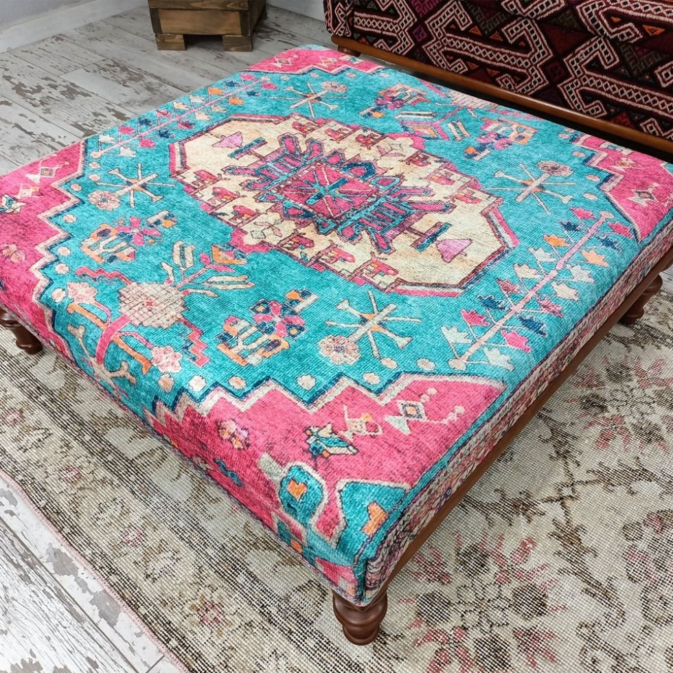 Teal and pink Turkish kilim ottoman coffee table