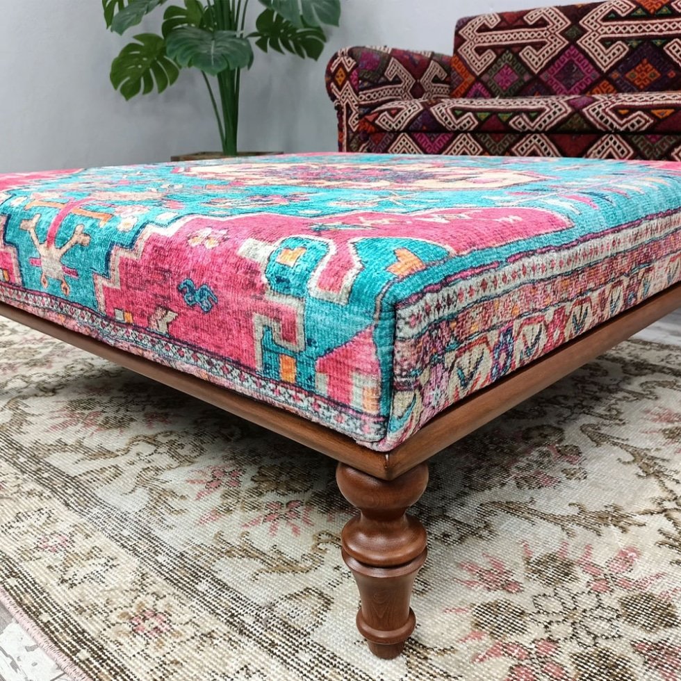 Teal and pink Turkish kilim ottoman coffee table