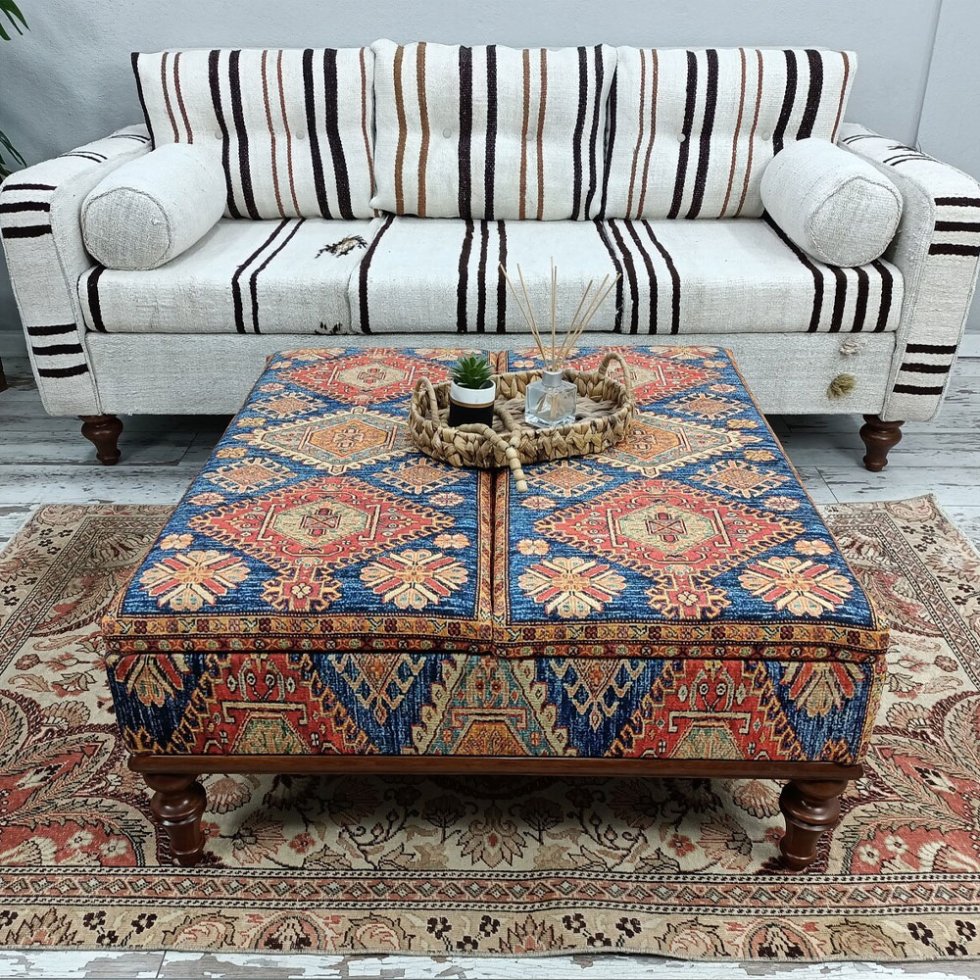 Turkish square kilim ottoman coffee table with storage