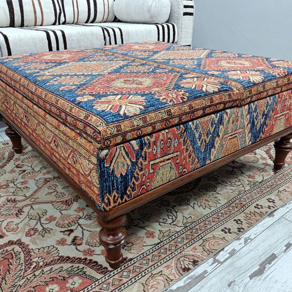 Turkish square kilim ottoman coffee table with storage