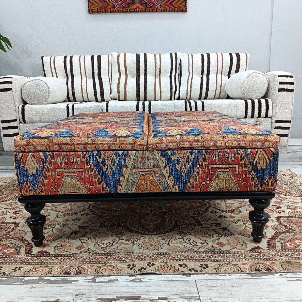 Turkish square kilim ottoman coffee table with storage