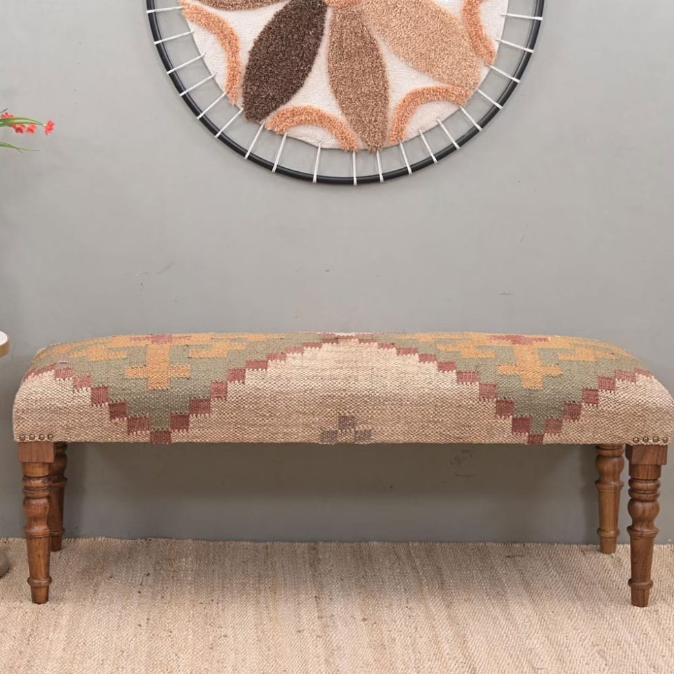 Upholstered wool jute kilim ottoman bench