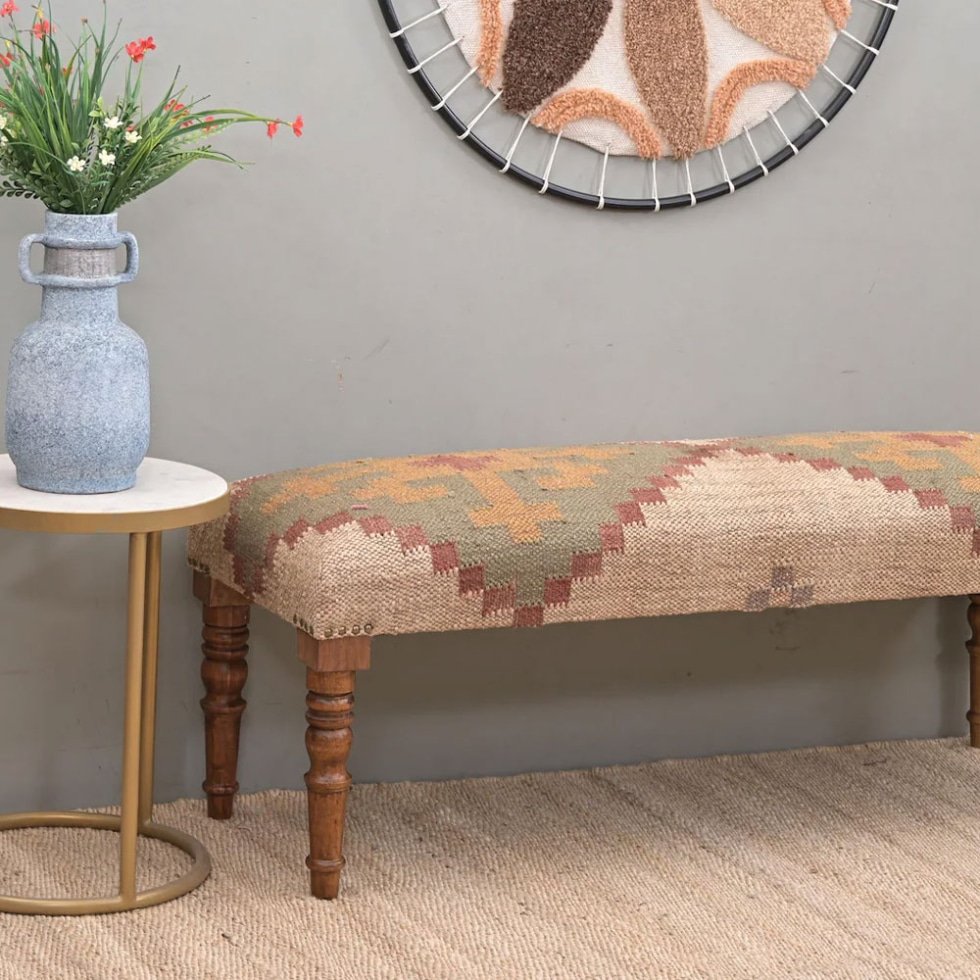 Upholstered wool jute kilim ottoman bench