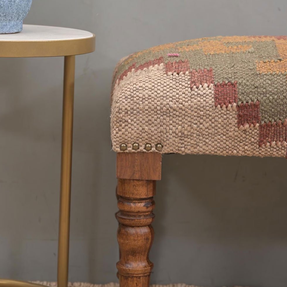 Upholstered wool jute kilim ottoman bench