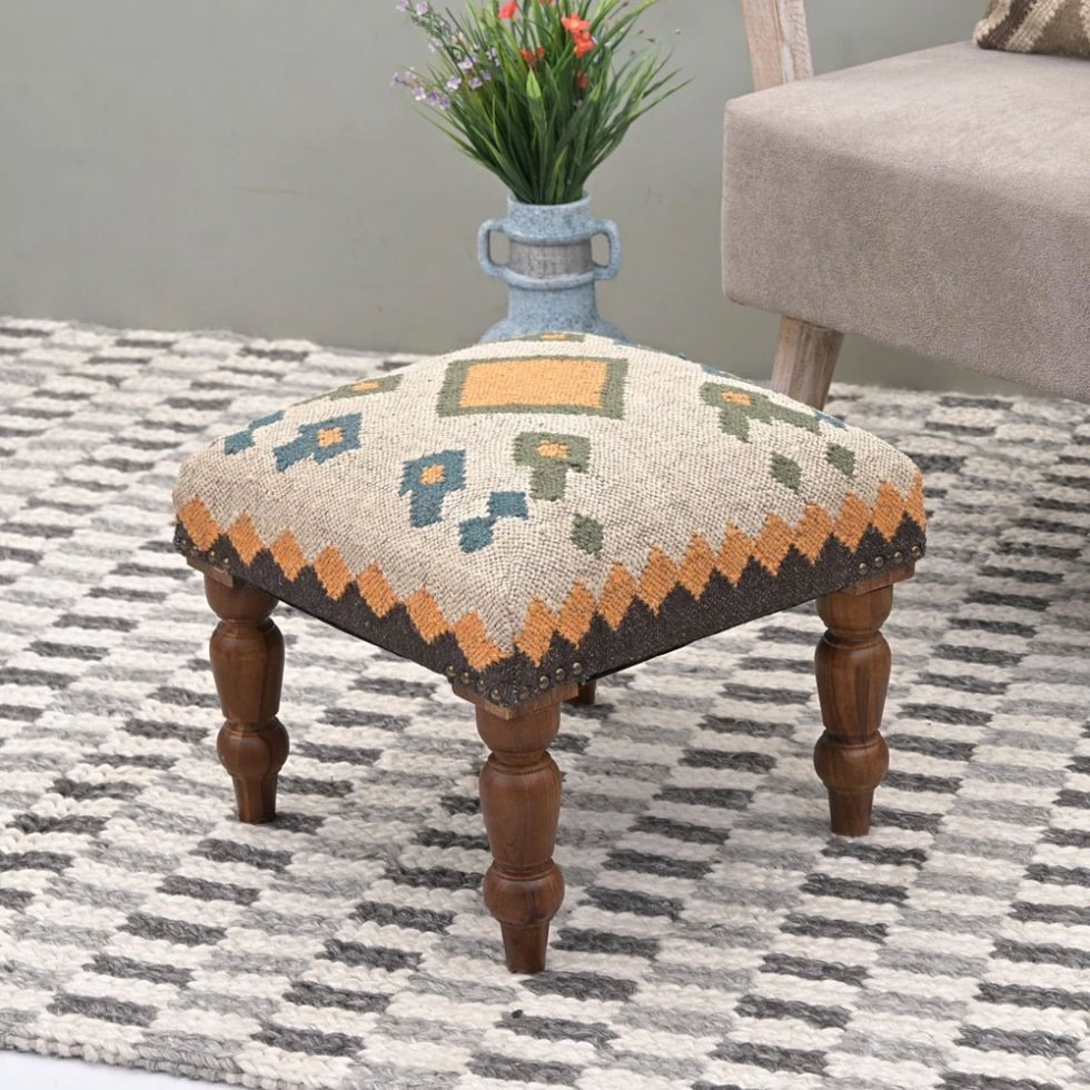 White square kilim stool ottoman