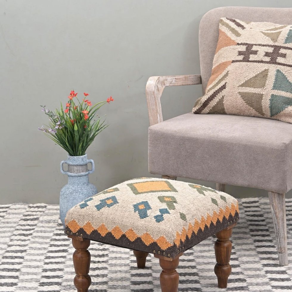 White square kilim stool ottoman